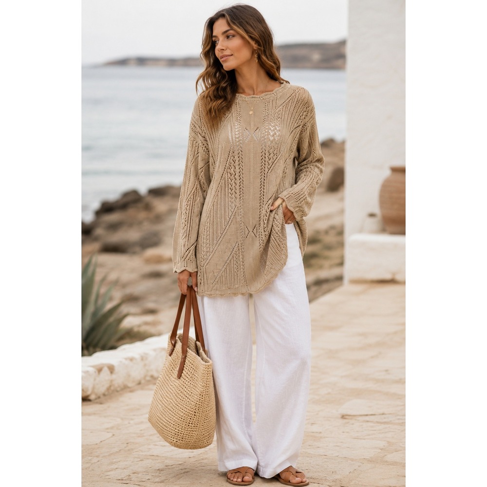 Rafaella Beige Open Knit Sweater Size M Boho Slouchy Cottagecore Textured Cozy
